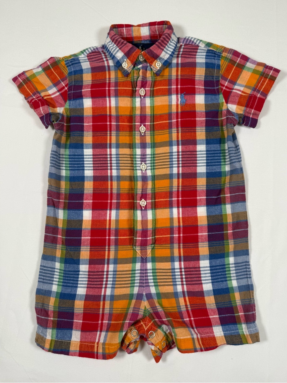 RALPH LAUREN Baby Boys Madras Plaid Shortall Romper 18M Preppy Classic Retro